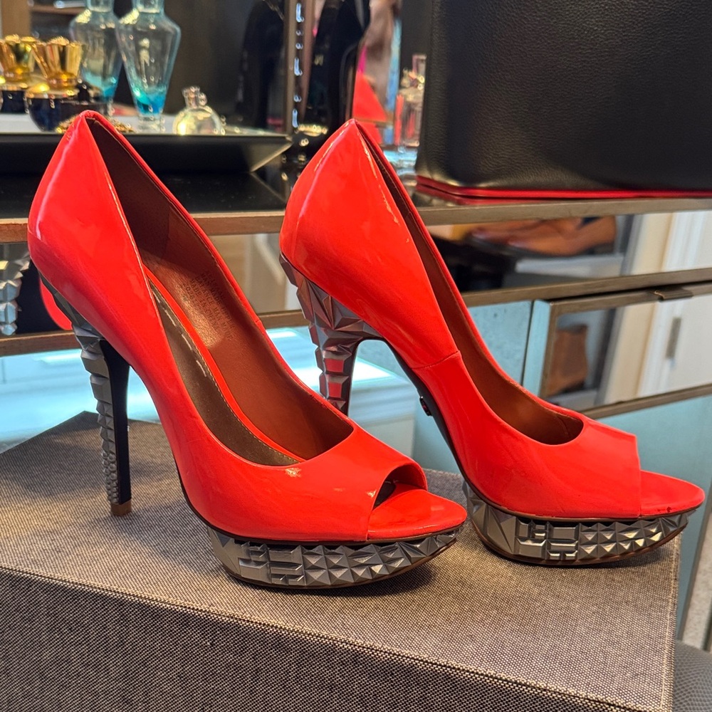 RACHEL Rachel Roy Red Peep-Toe Heels with Studded Platform